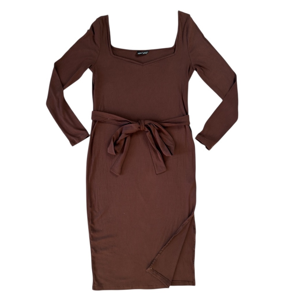 SHEIN NWOT Maternity Chic Sweetheart Neck Belted Dress Midi Timeless Brown L - Picture 3 of 16
